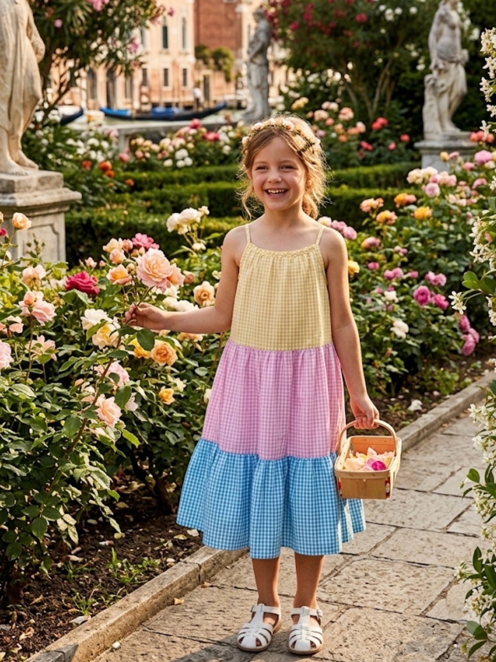 🍔Tucker Tate Gingham Tiered Sundress in Yellow, Pink & Blue size 7 GUC